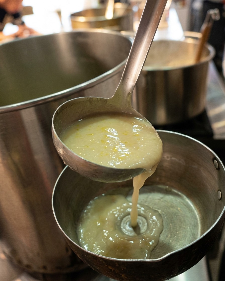 Une grande louche versant un bouillon de poulet jaune épais et crémeux depuis une marmite vers une petite casserole en inox.