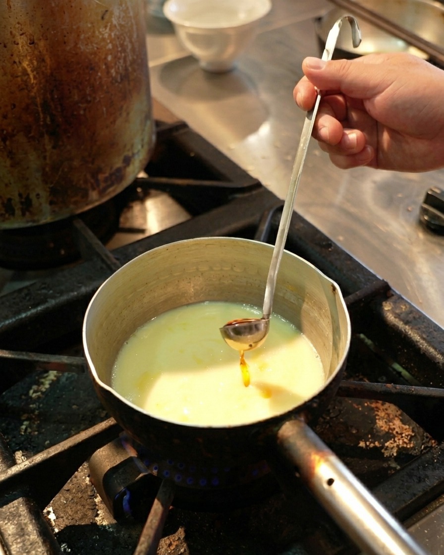 Une petite louche versant une huile de crevettes orange vif dans un bouillon de poulet frémissant sur une plaque de cuisson.
