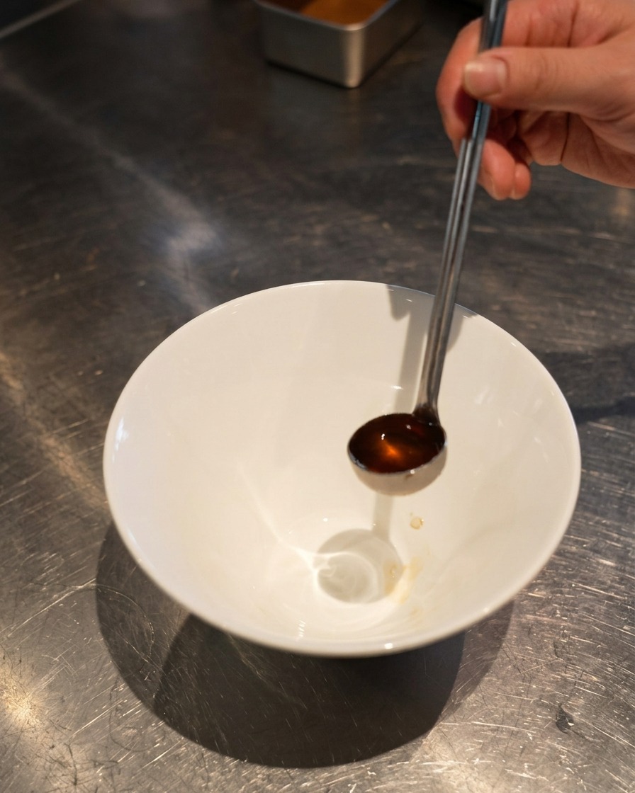 Une louche à long manche versant un liquide dassaisonnement ambré au centre dun bol à ramen en céramique blanche.