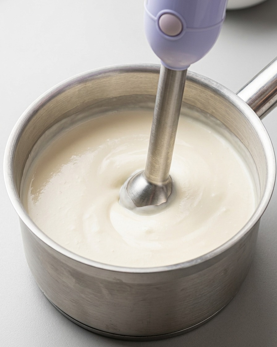 Un mixeur plongeant en argent transformant un liquide jaune en une mousse blanche laiteuse et épaisse.