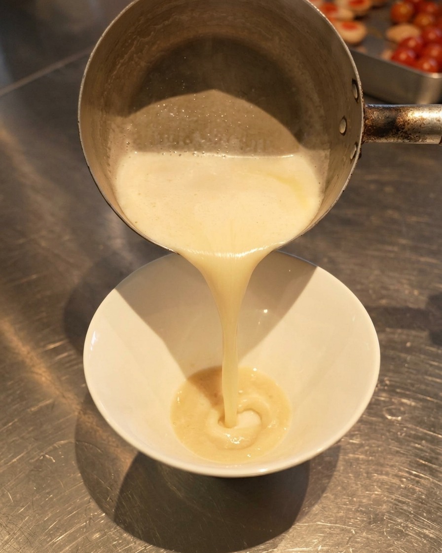 Un bouillon blanc mousseux versé dune casserole dans un bol blanc, se mélangeant à une sauce plus sombre au fond.