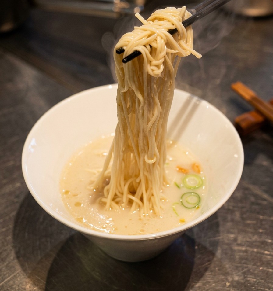 Des baguettes soulevant et disposant des nouilles ramen fines dans un bol de soupe blanche mousseuse.