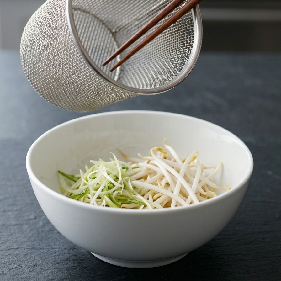 Une main utilisant des baguettes pour placer des pousses de soja fraîches et des légumes verts dans un bol de ramen.