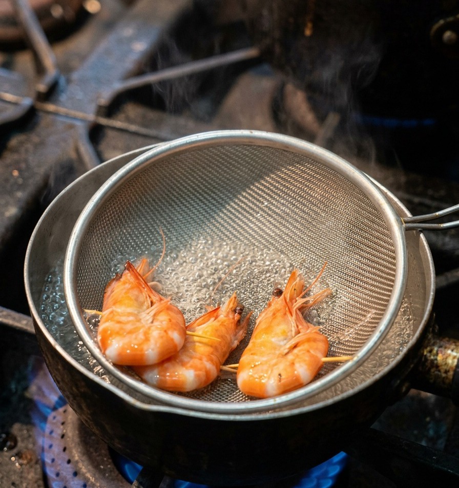 Trois crevettes entières cuisant dans un panier en métal plongé dans une casserole deau bouillante.