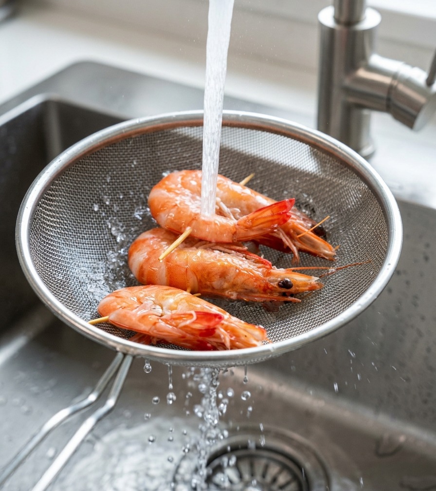 Des crevettes orange cuites dans une passoire, rincées sous un filet deau froide au robinet de la cuisine.