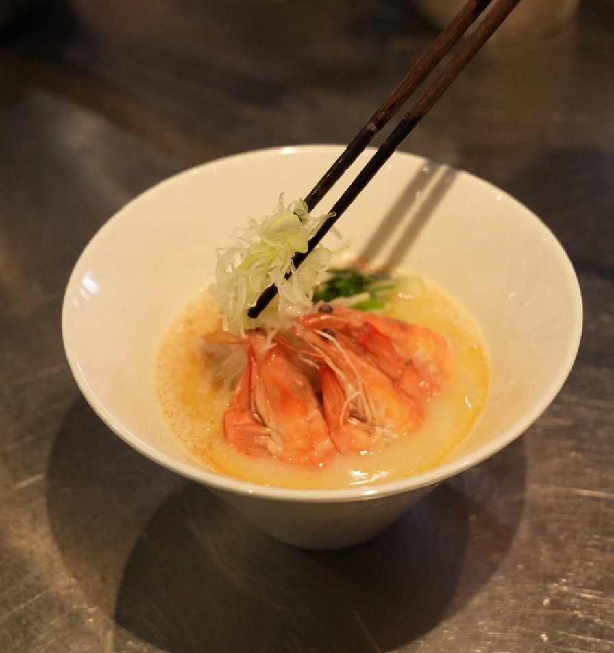 Des baguettes déposant une garniture doignons nouveaux finement émincés sur un bol de ramen aux crevettes.
