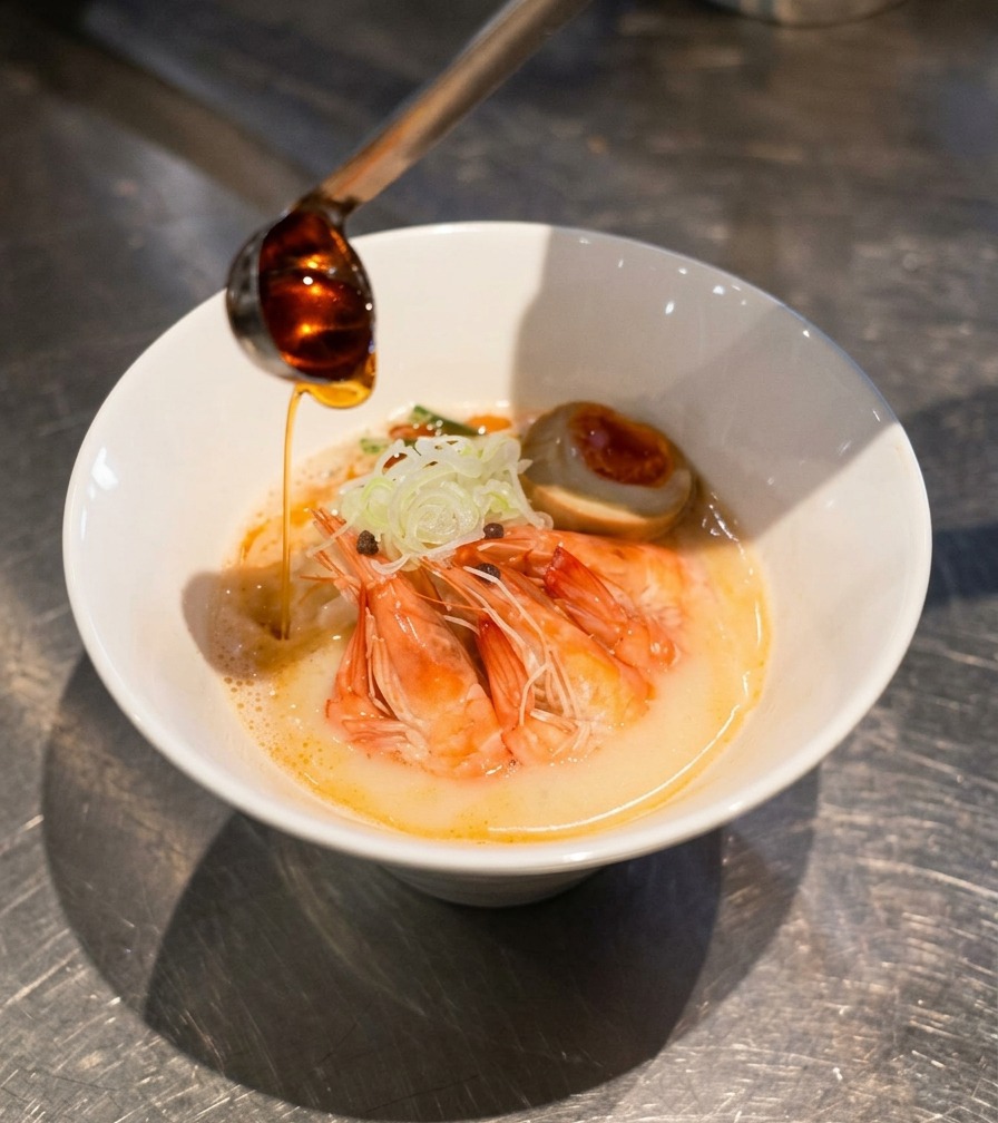 Une louche versant une huile rouge orangée sur un bol de ramen terminé avec crevettes, oignons et œuf.