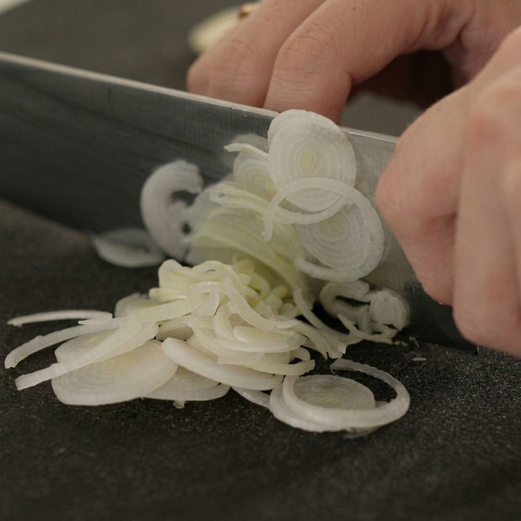 Un couteau éminçant un blanc de poireau en fines rondelles translucides sur une planche à découper noire.