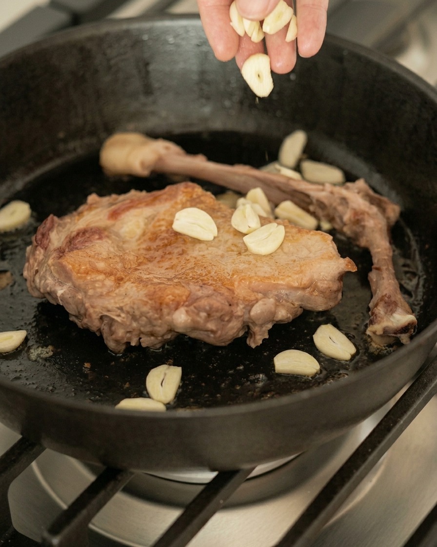 Une main saupoudrant des lamelles dail sur une cuisse de canard et son os dans une poêle en fonte chaude.