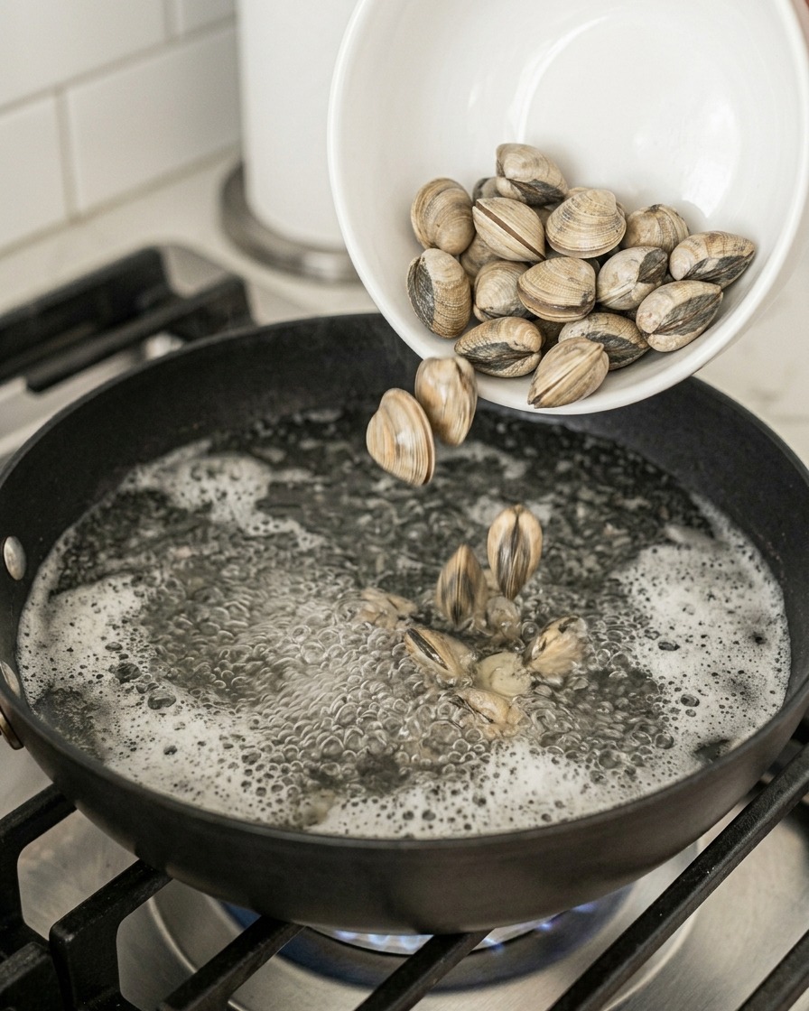 Un bol versant des palourdes fraîches dans une poêle bouillonnante sur la cuisinière.