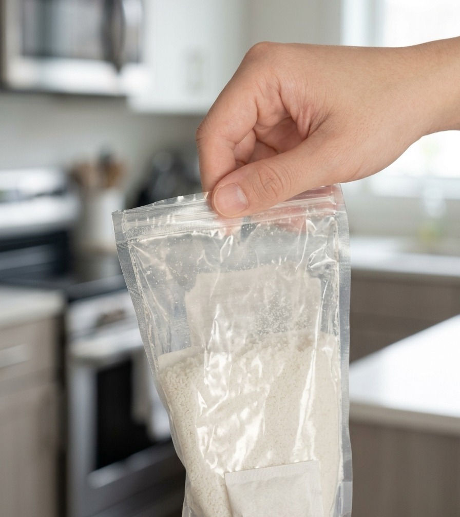 Une main tenant un sachet transparent contenant de la poudre de dashi blanc au-dessus dun plan de travail.