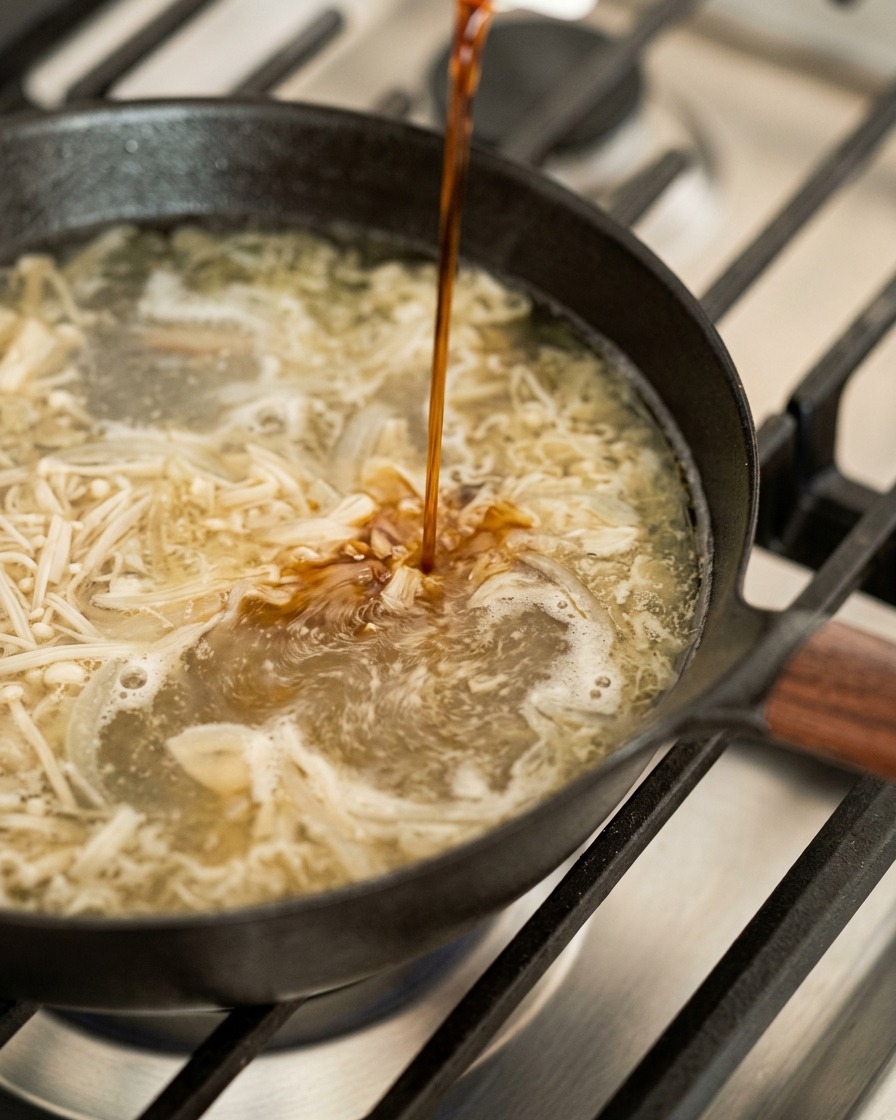 Un fin filet de sauce soja sombre versé dans un bouillon frémissant avec des poireaux et de lail.