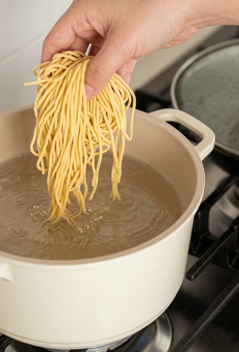 Une main déposant un nid de nouilles ramen fraîches dans une casserole deau bouillante.