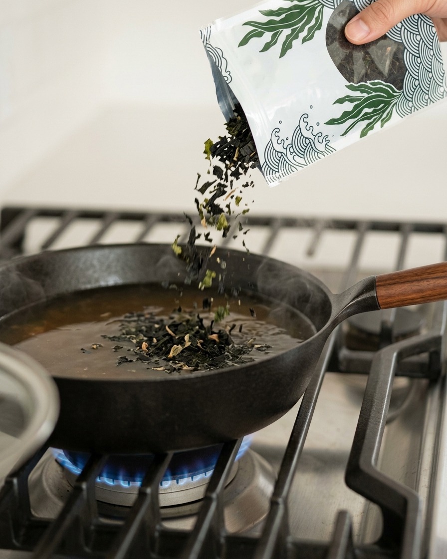 Flocons dalgues séchées versés dun sachet blanc et vert dans un bouillon de ramen bouillonnant.