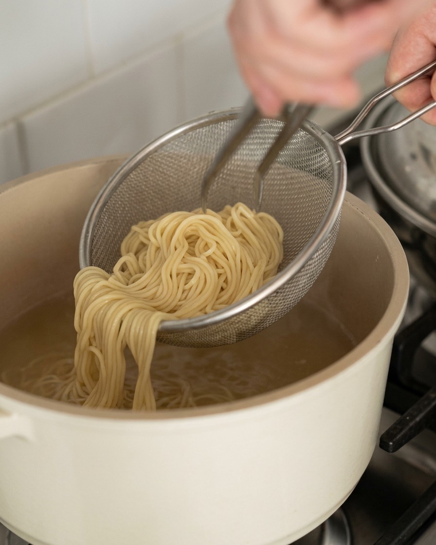 Une passoire soulevant une généreuse portion de nouilles ramen hors dune casserole de cuisson.
