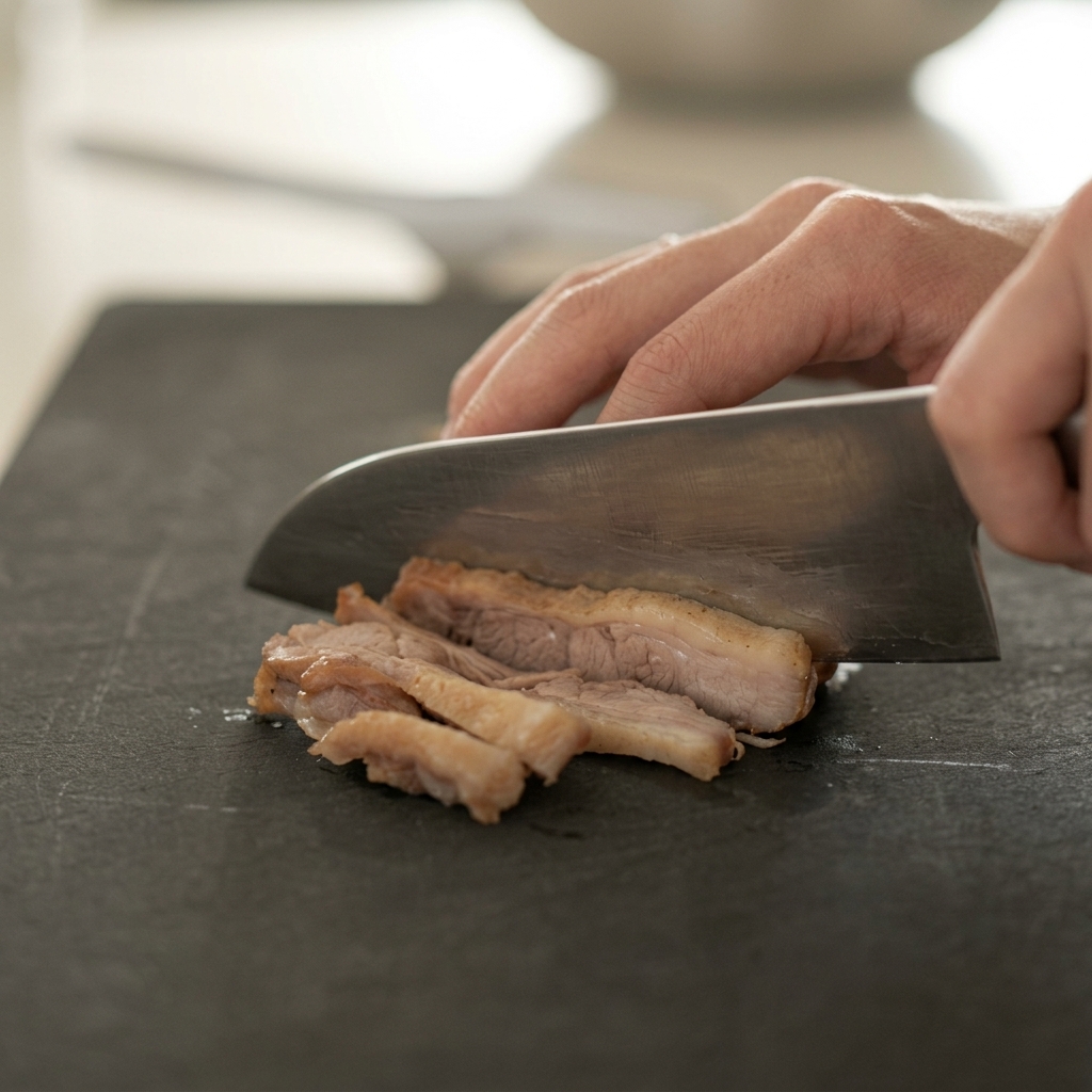 Découpe du canard saisi en lamelles uniformes sur une planche à découper noire avec un couteau tranchant.