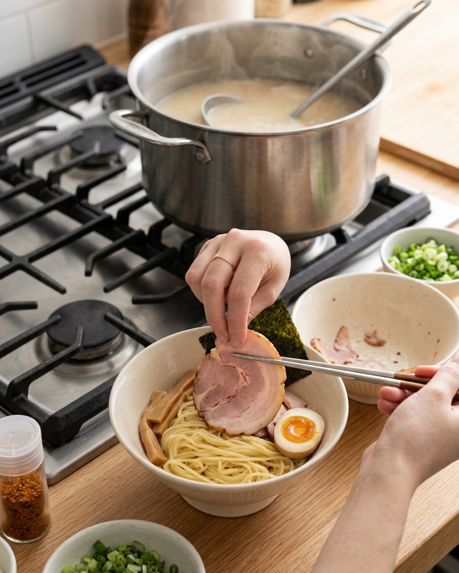 Une main plaçant une tranche de canard saisi dans un bol de ramen contenant les nouilles et un œuf mollet.
