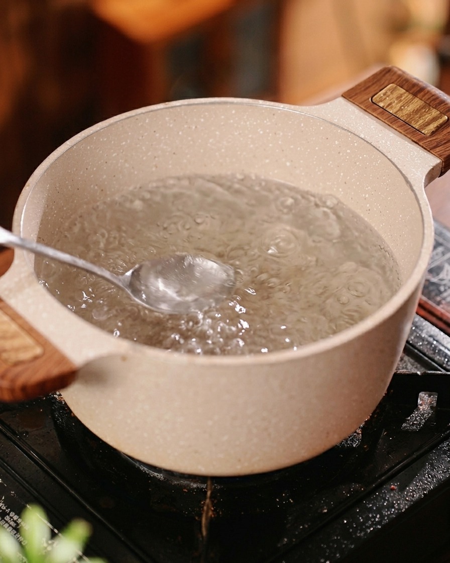 Une casserole deau bouillante sur une cuisinière, assaisonnée de sel et dhuile avant lajout des pâtes.