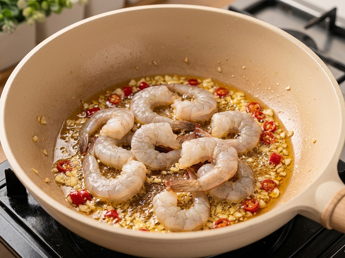 Crevettes crues ajoutées dans une poêle avec des oignons et des piments sautés.