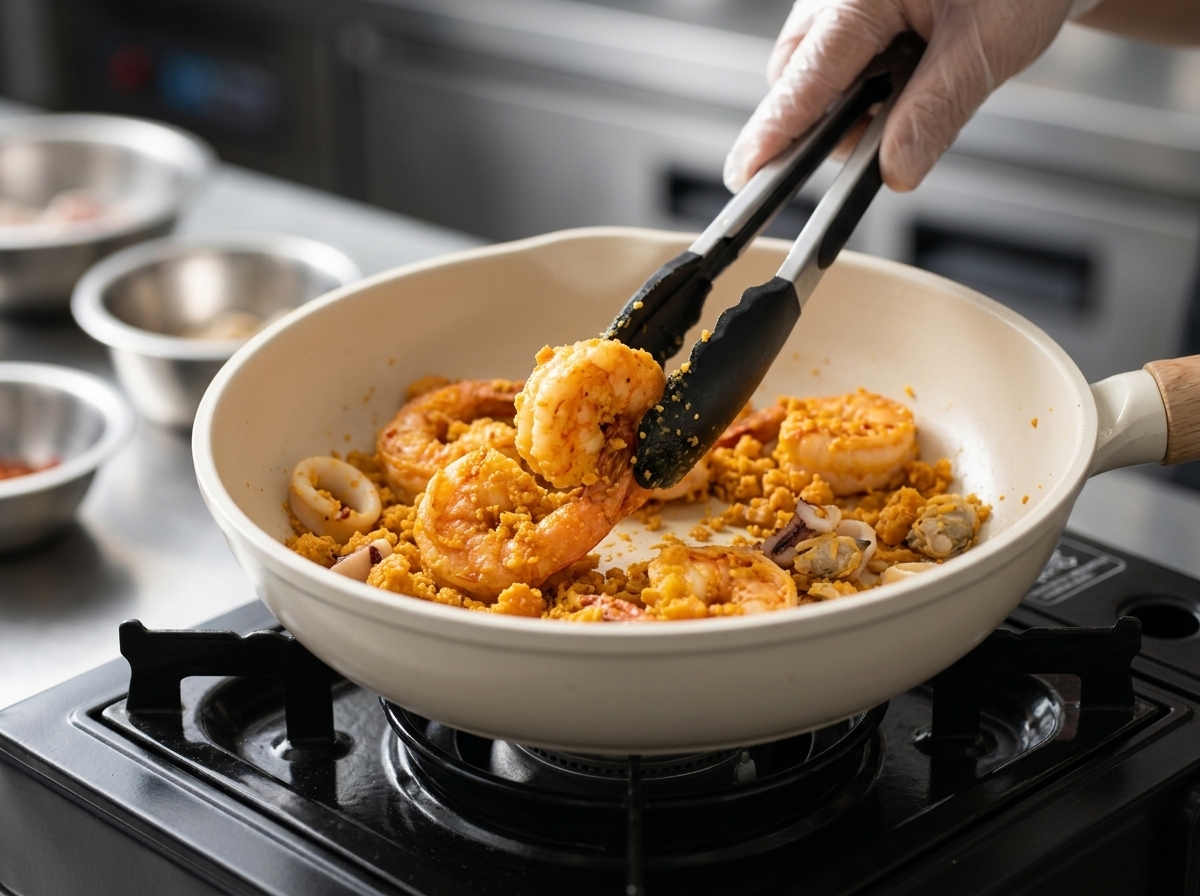 Utilisation de pinces pour mélanger les crevettes dans une sauce mousseuse et dorée au jaune dœuf.