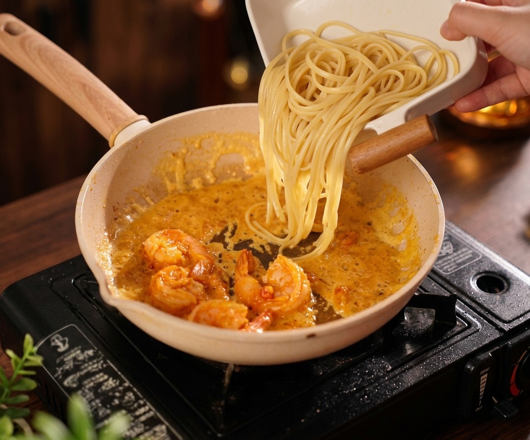 Spaghettis cuits versés dun plateau blanc dans une poêle contenant la sauce dorée épaisse.