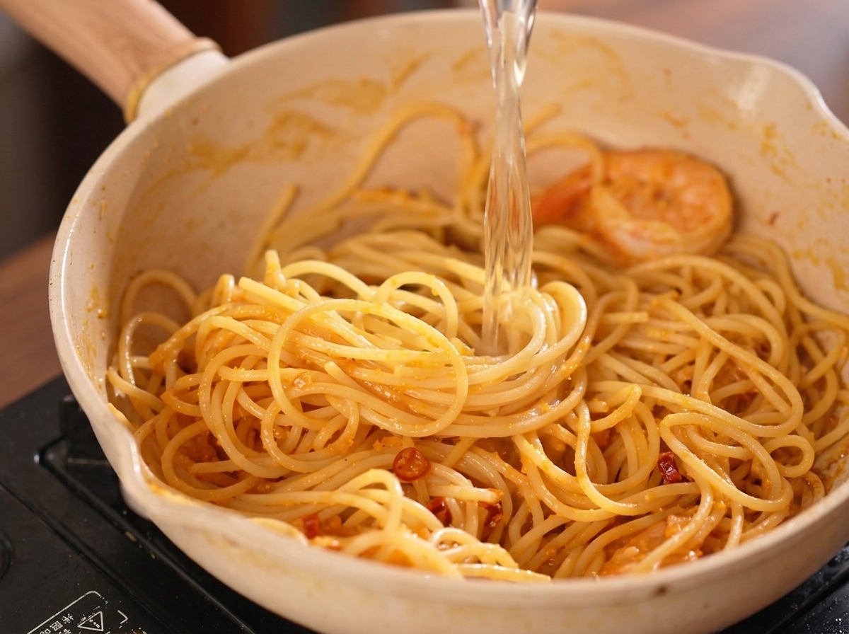 Bouillon de poulet versé sur un nid de spaghettis et de crevettes dans une poêle claire.