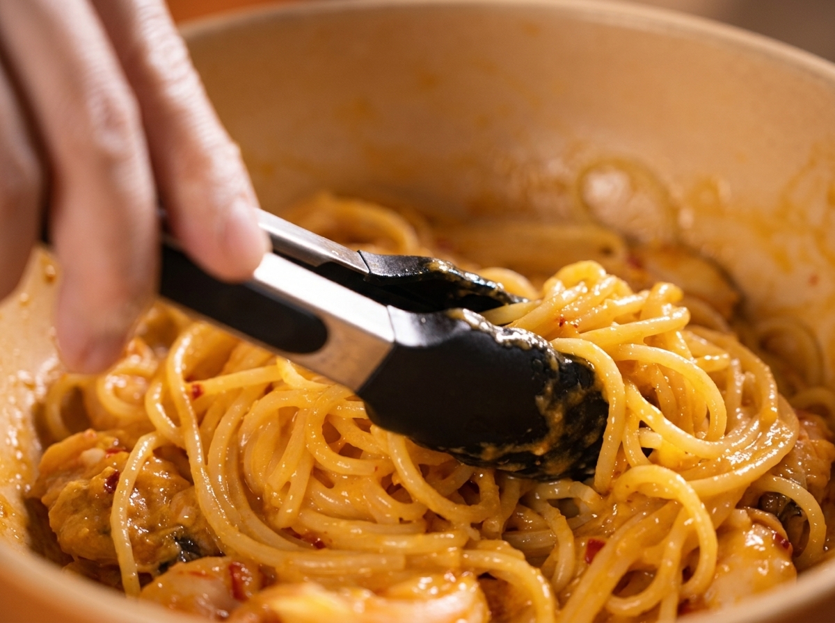 Pinces mélangeant des spaghettis dans une sauce crémeuse orange dans une grande poêle en céramique.