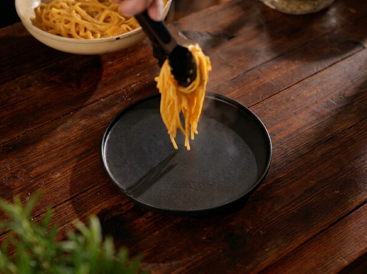 Nid de pâtes dorées déposé délicatement sur une assiette noire mate sur une table en bois.