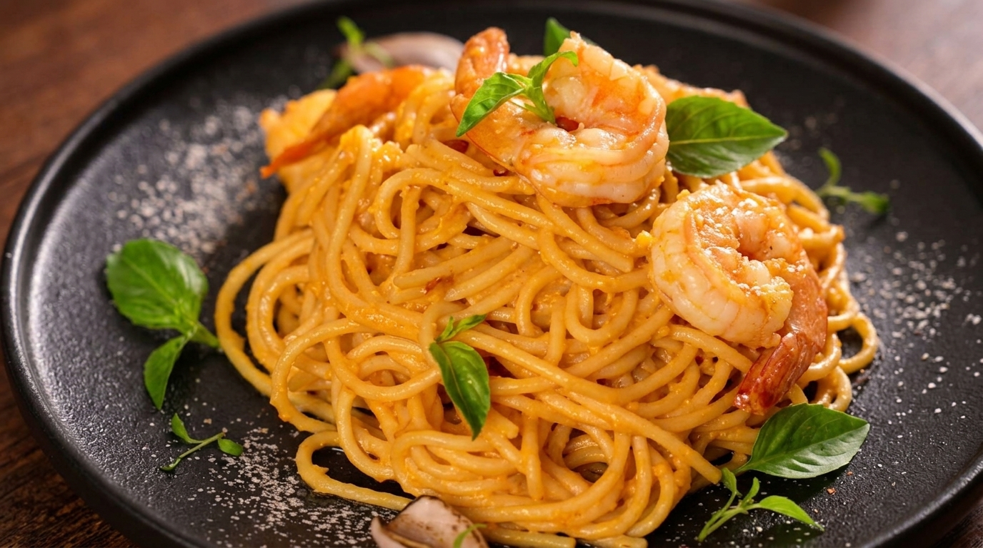 Pâtes aux crevettes et sauce onctueuse au jaune d'œuf salé