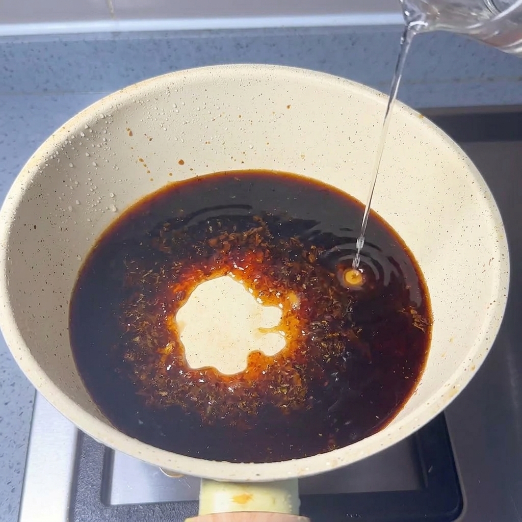 Liquide clair versé dun récipient en verre dans une poêle contenant un liquide brun foncé et des grains de poudre de poisson.