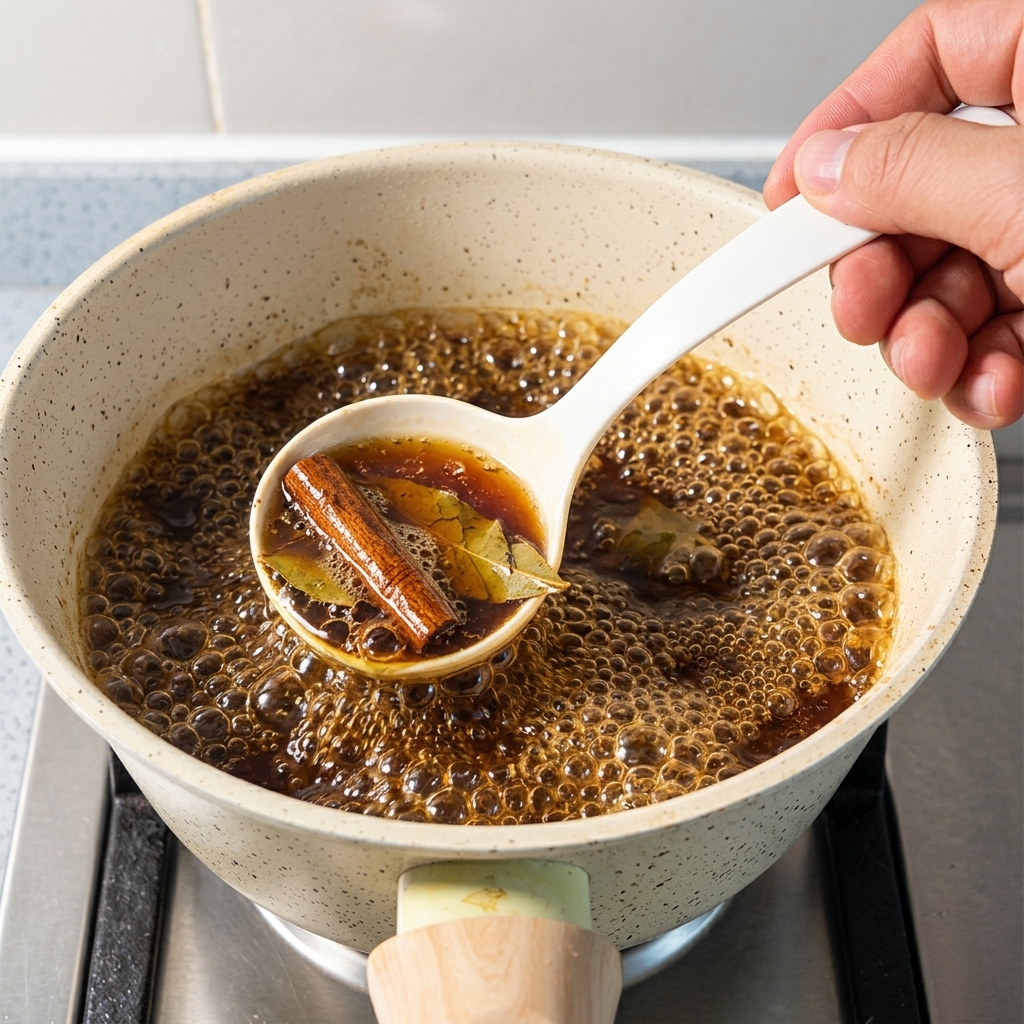 Une louche blanche prélevant une sauce bouillante brun foncé contenant un morceau de kombu.
