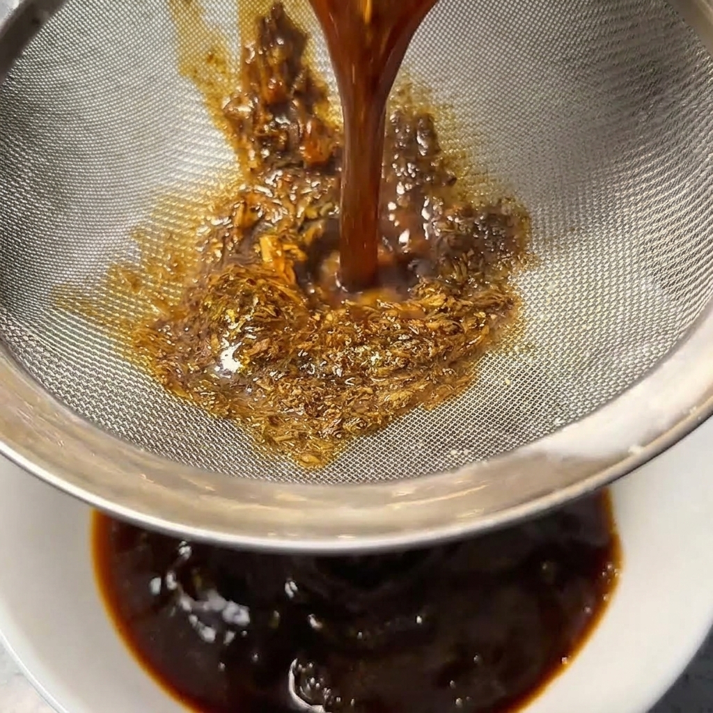 Sauce brun foncé versée à travers un tamis métallique dans un bol blanc.