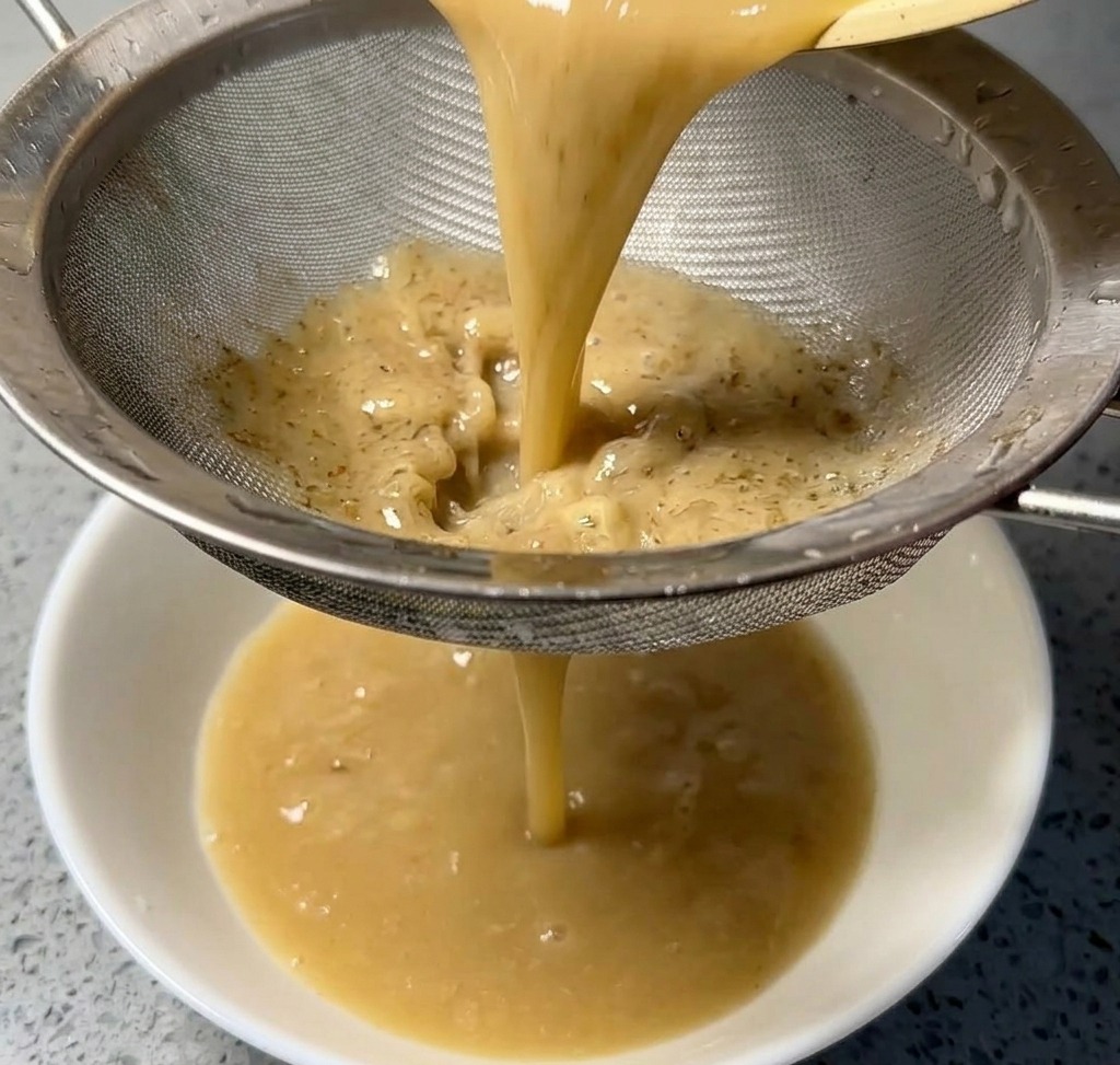Bouillon épais de couleur beige versé à travers un tamis métallique dans un bol en céramique blanche.