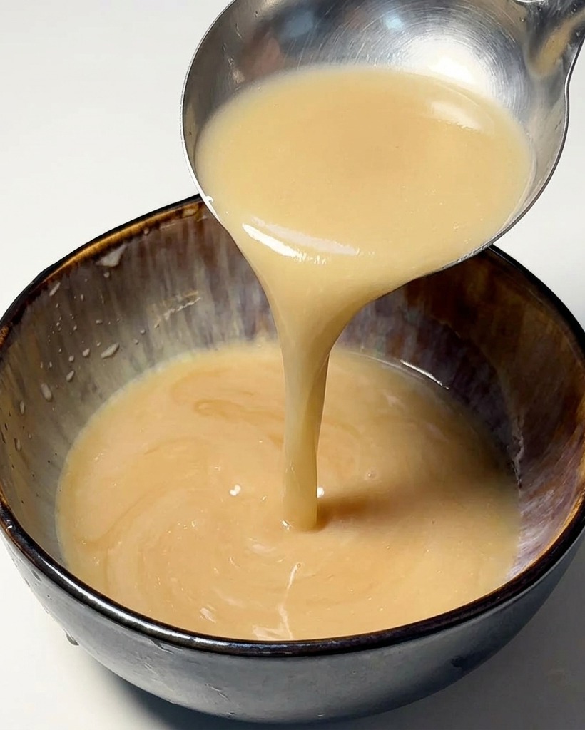 Louche en métal versant un bouillon clair dans un bol contenant déjà la sauce dassaisonnement foncée.