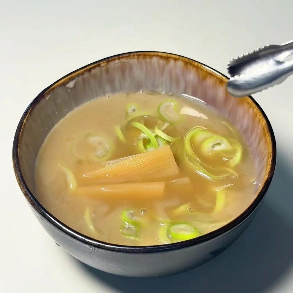 Bol de bouillon garni de rondelles doignons verts, de pousses de bambou et dune tranche de narutomaki.
