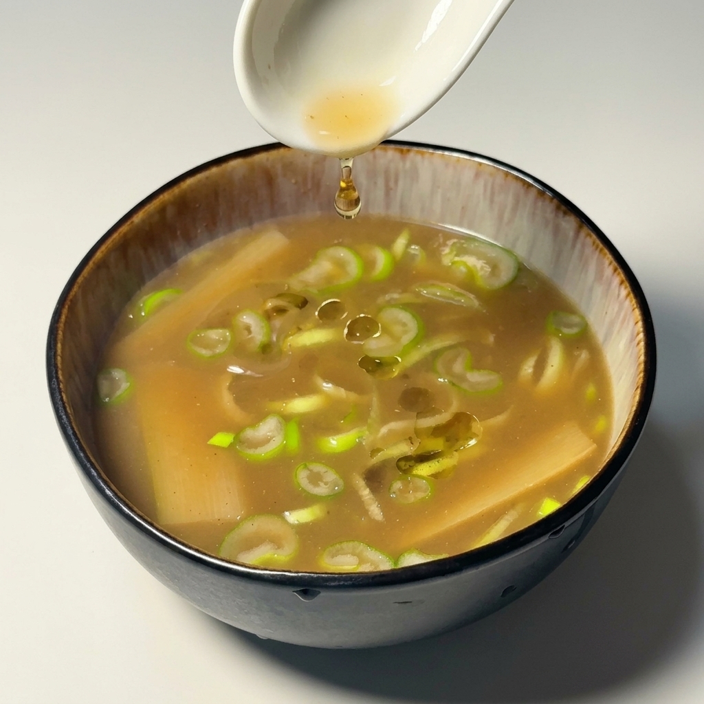 Cuillère blanche versant de lhuile dorée dans un bol de sauce tsukemen rempli de garnitures.