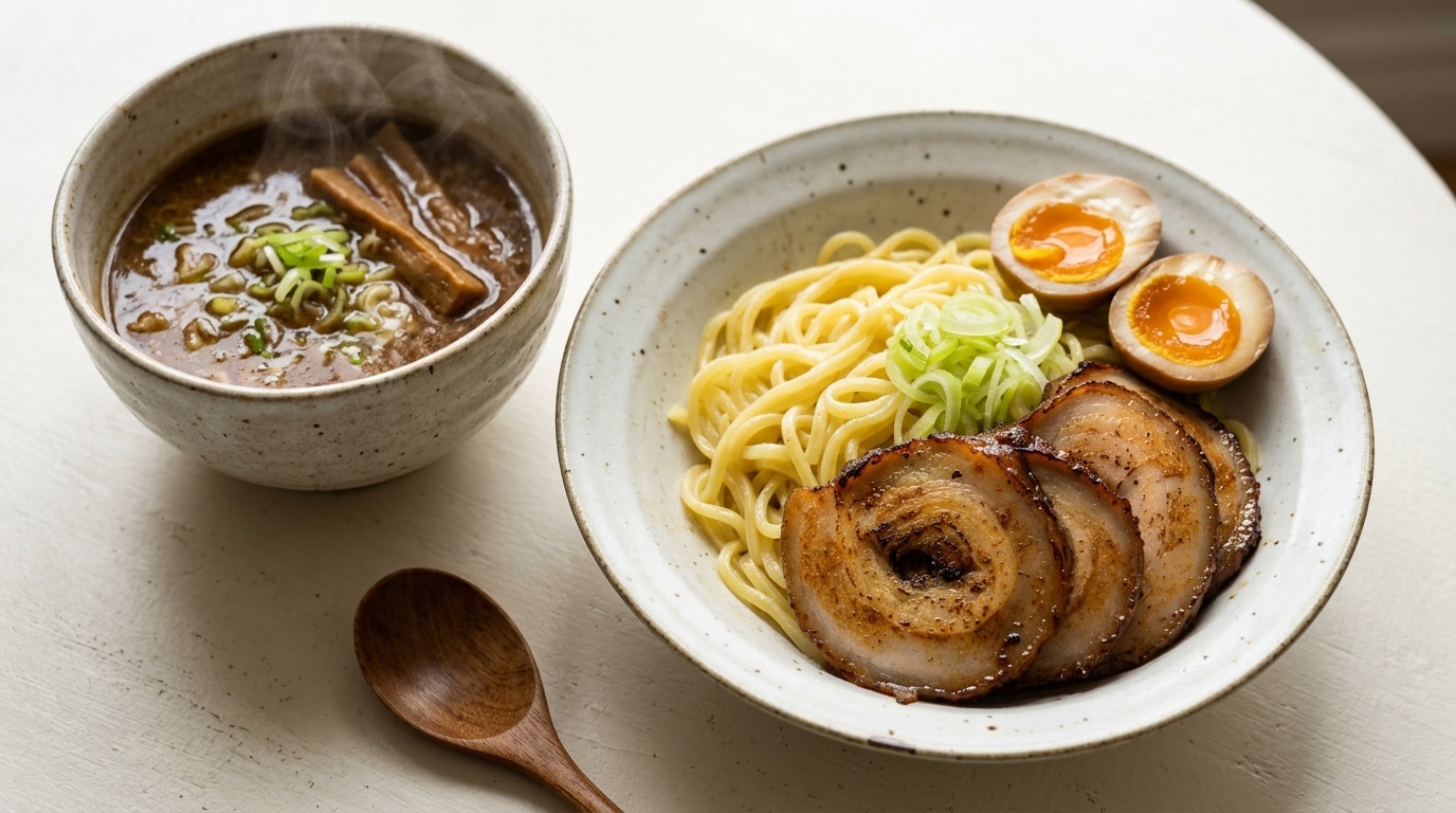 Épaisses nouilles ramen élastiques accompagnées de chashu grillé et dœufs mollets, servies avec un bouillon de porc et de poisson riche et fumant.