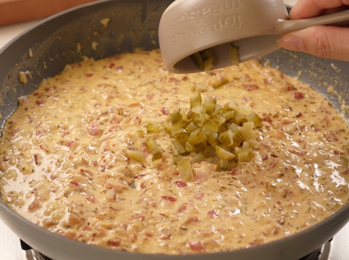 Cornichons coupés en dés ajoutés dun petit bol dans une sauce jaune épaisse et crémeuse.
