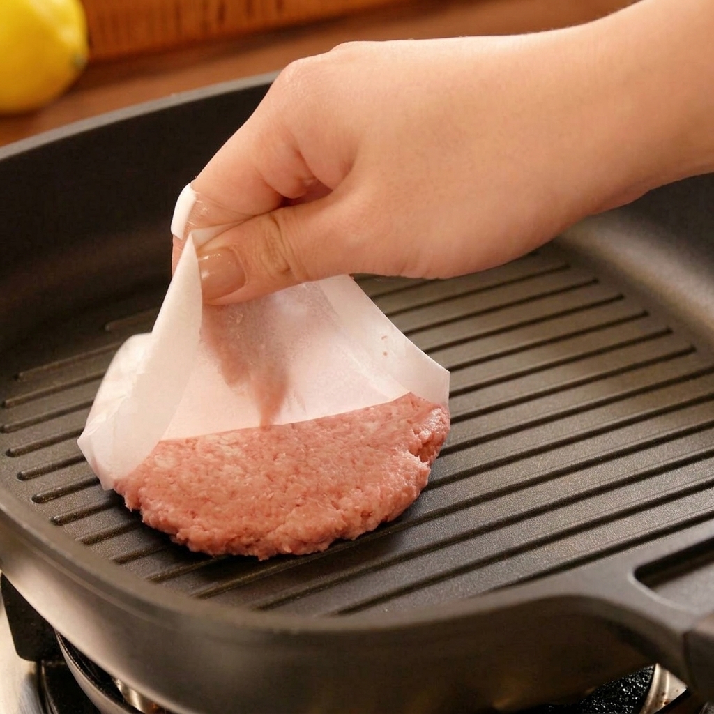 Une main retirant un carré de papier sulfurisé dun steak de bœuf posé sur une poêle grill brûlante.