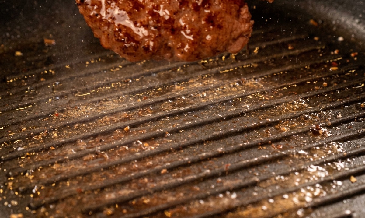 Un steak de burger cuit retourné dans une poêle grill, montrant des marques de saisie brun foncé et du gras brillant.