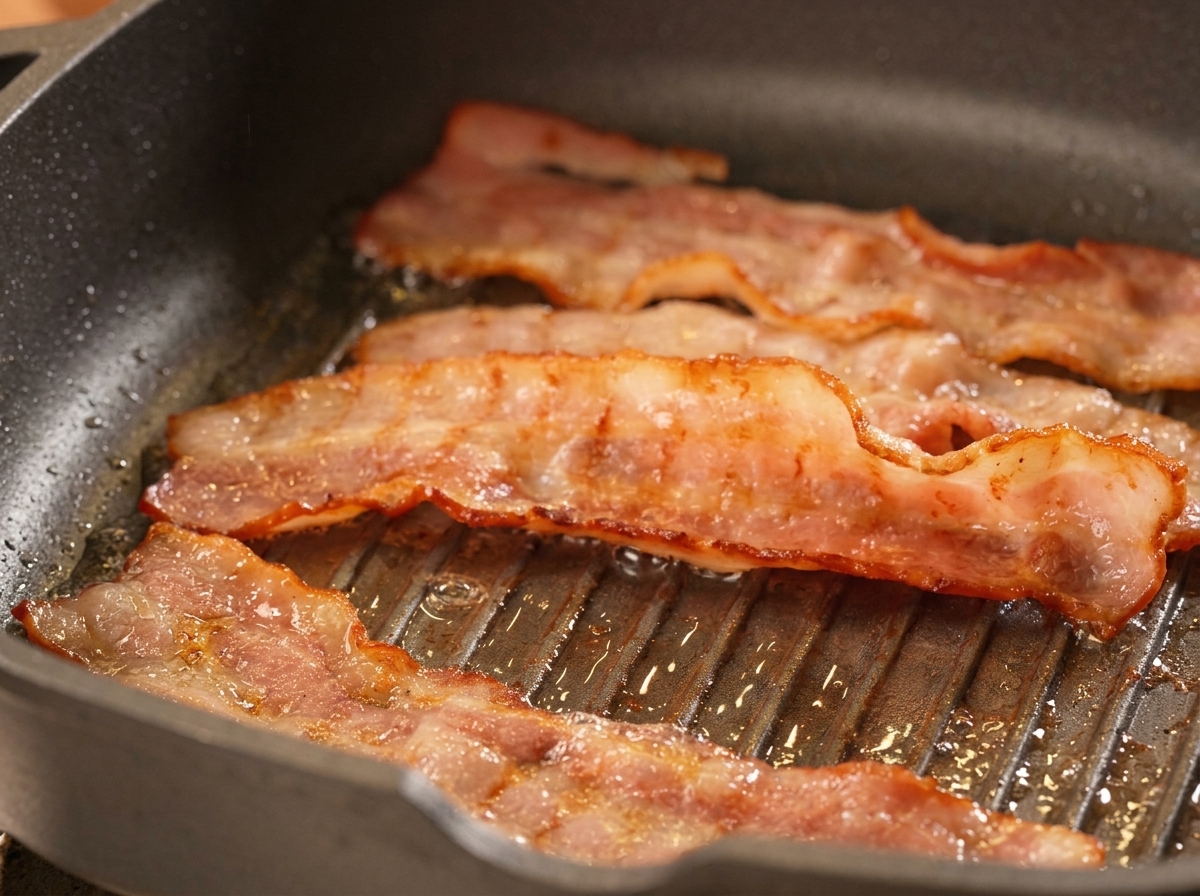 Tranches de bacon grésillantes et dorées dans une poêle grill en fonte noire.