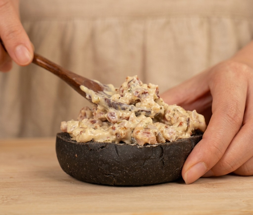 Une personne utilisant une cuillère en bois pour étaler une sauce crémeuse épaisse sur la moitié inférieure dun pain burger noir.