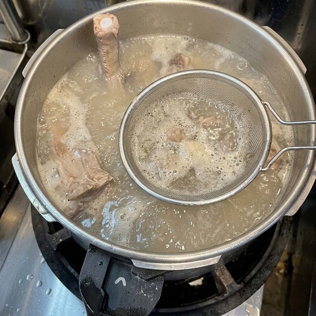Une écumoire en maille métallique fine retire la mousse grise à la surface du bouillon dos de porc en ébullition.