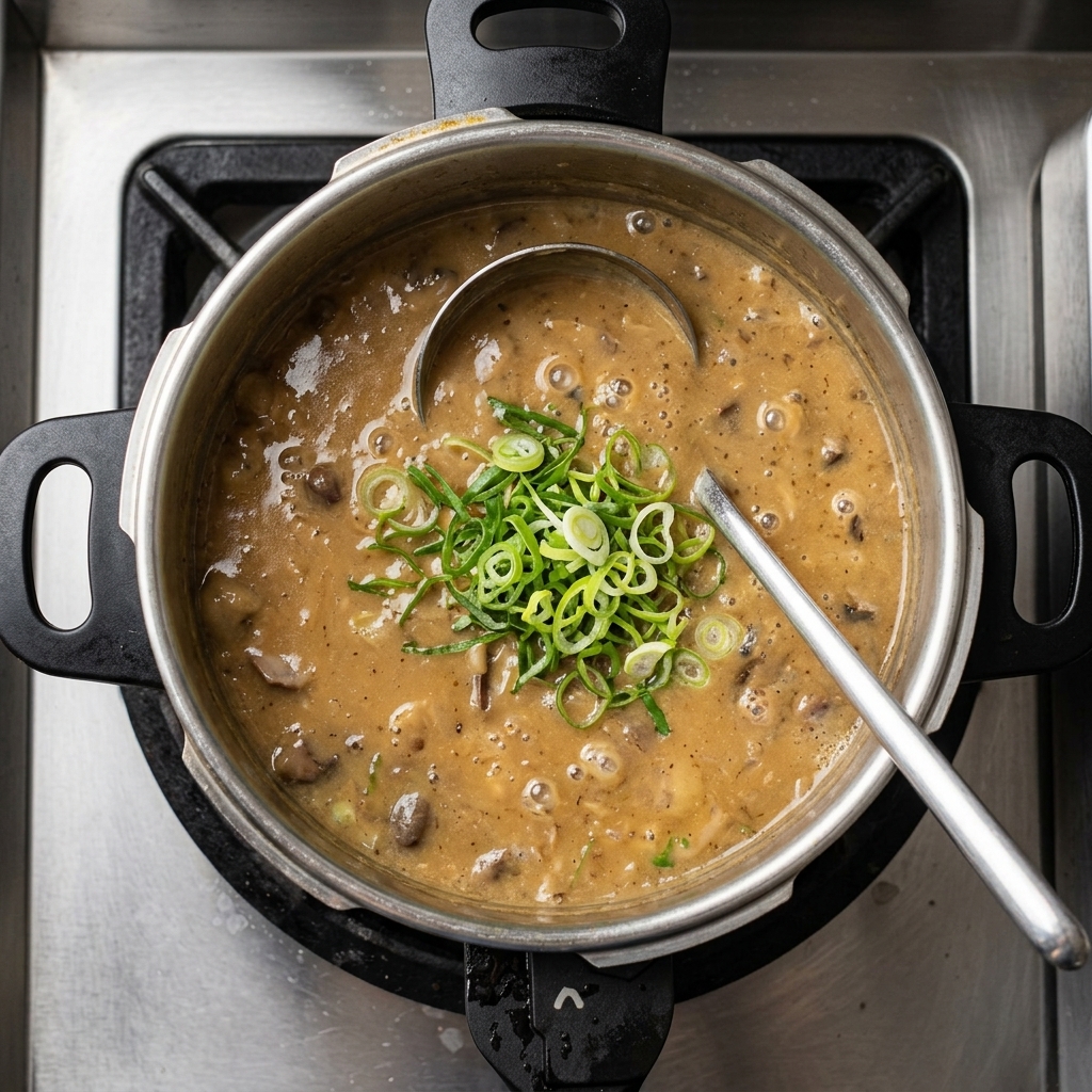 Vue den haut dun bouillon de ramen brun et épais qui bouillonne dans une marmite, avec une grande quantité doignons verts émincés ajoutés au centre.