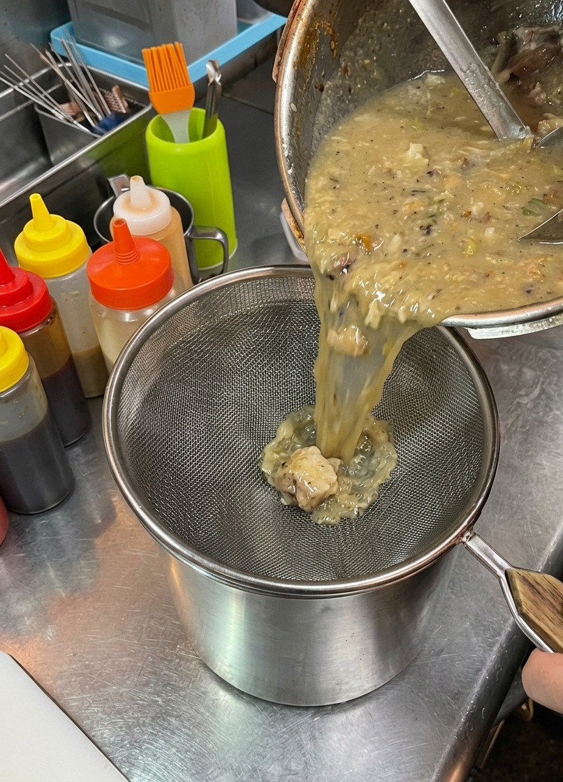 Un bouillon de ramen épais et crémeux versé dune grande marmite à travers un tamis métallique argenté dans un bac en métal, retenant les morceaux de porc et de légumes.