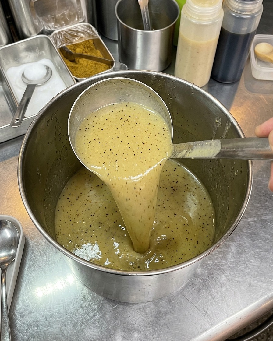 Une louche soulevant un bouillon émulsionné épais, opaque et brun clair dun récipient en acier inoxydable pour montrer sa texture crémeuse.