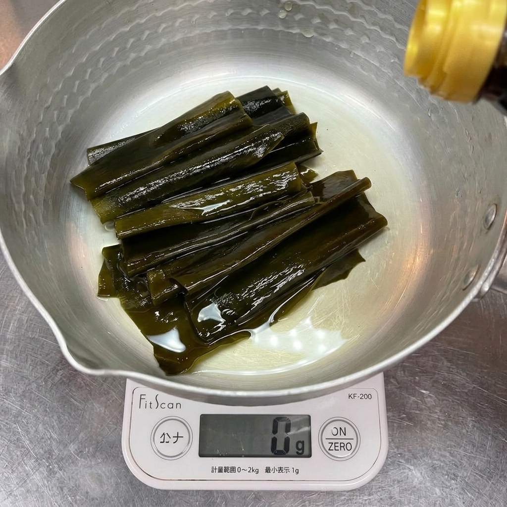 Des lanières dalgue kombu vert foncé dans une casserole en argent pesées sur une balance de cuisine numérique pendant que lassaisonnement liquide est versé.