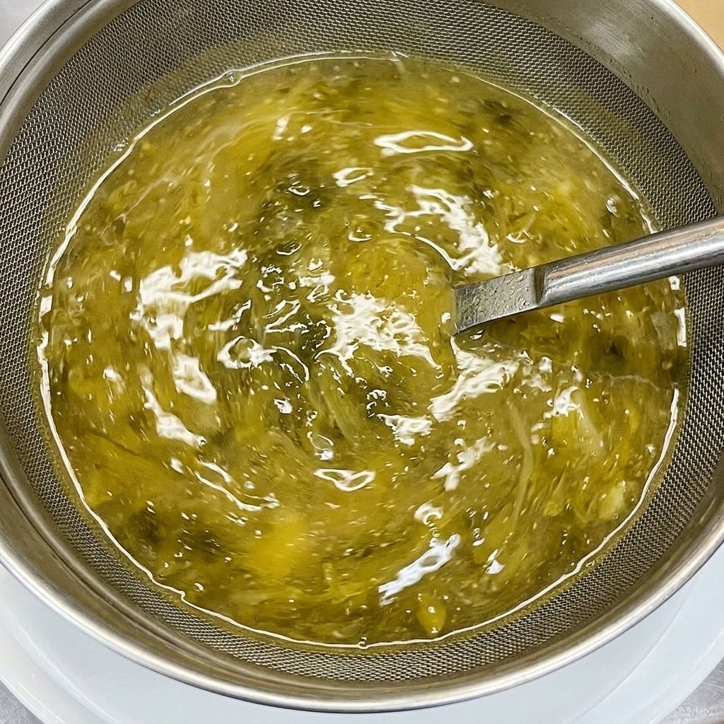 Un fouet mélangeant un bouillon de ramen épais et jaunâtre dans un bol en métal, y incorporant des herbes vertes et des assaisonnements.