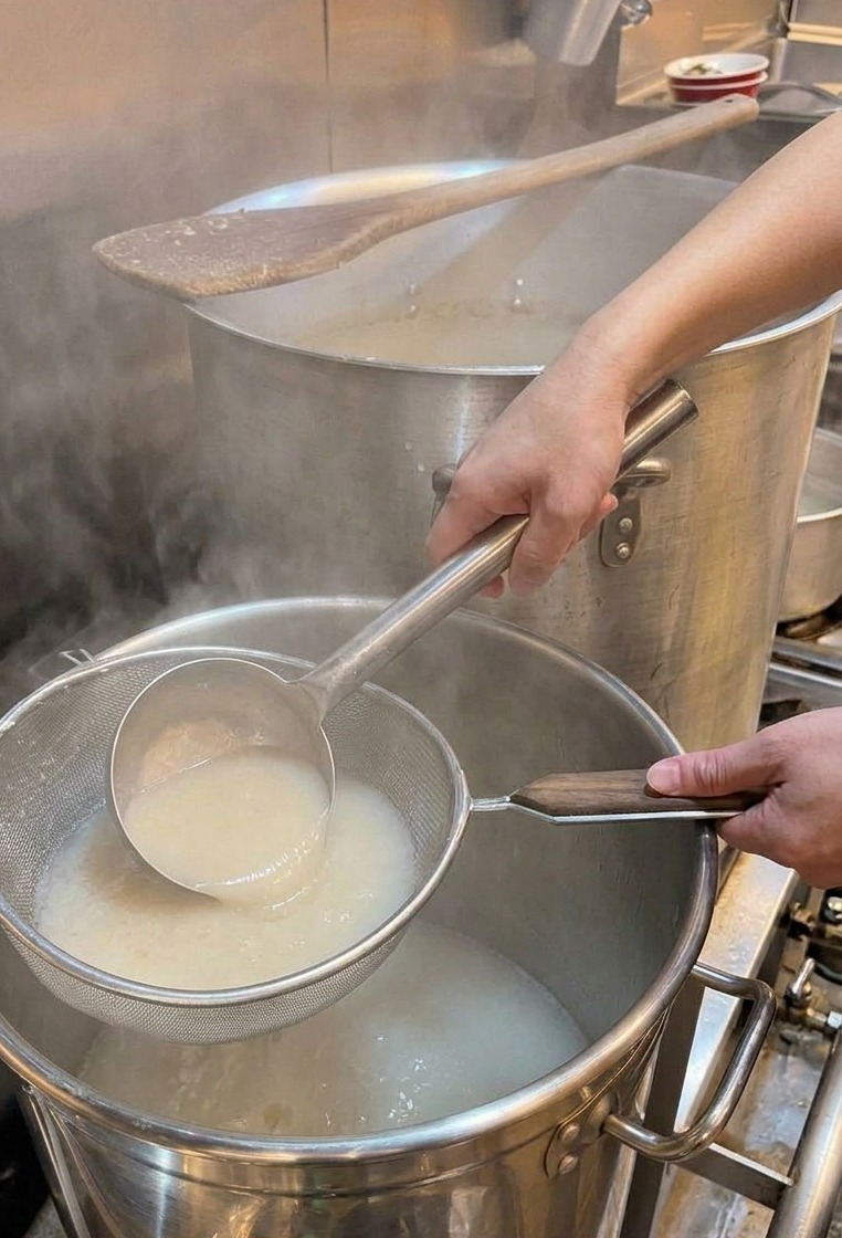 Une louche en métal prélève un bouillon de porc blanc et mousseux dune grande marmite industrielle pour le verser dans une casserole plus petite en acier inoxydable.