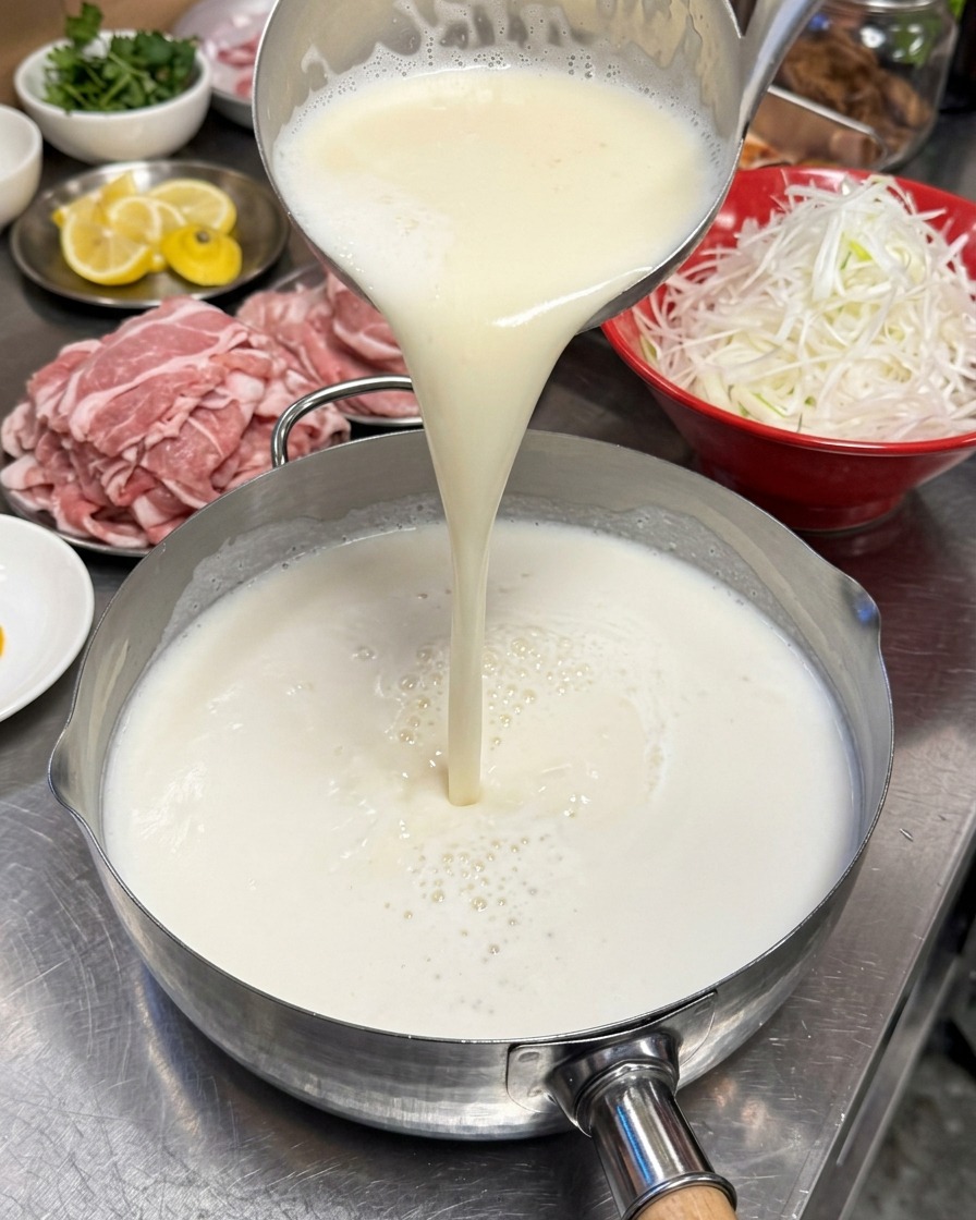 Un bouillon de ramen blanc et crémeux est versé depuis une louche dans une casserole en acier inoxydable sur un plan de travail.